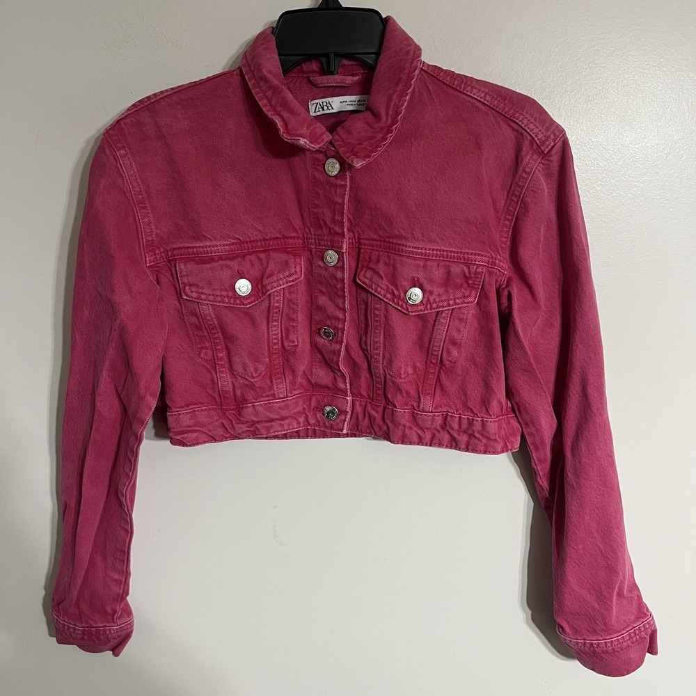 Zara Z1975 Cropped Denim Jean Jacket Barbiecore Pink Size Medium - Picture 2 of 9